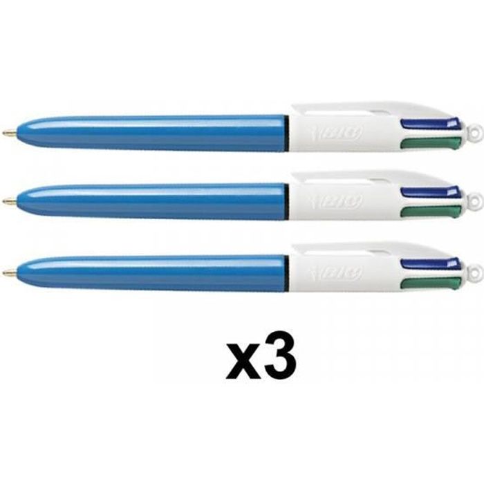 Lot de 3 stylos BIC 4 couleurs pointe moyenne corps bleu