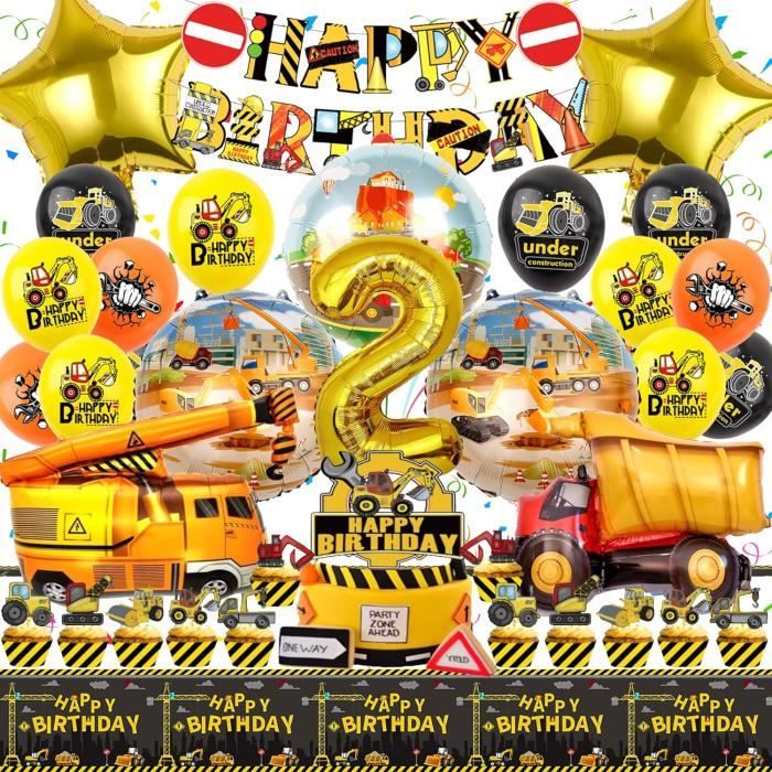 Kit Décoration Anniversaire Thème Chantier - 102 Pièces Avec Assiettes, Gobelets, Serviettes Et Ballons - Pour 16 Invités