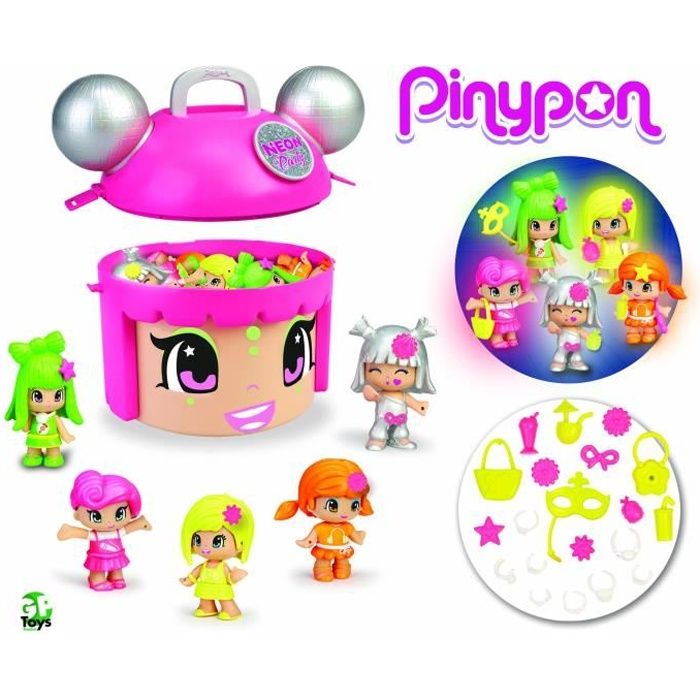 pinypon - famosa - mix & max neon party - coffret édition limitée avec 5 figurines fluo