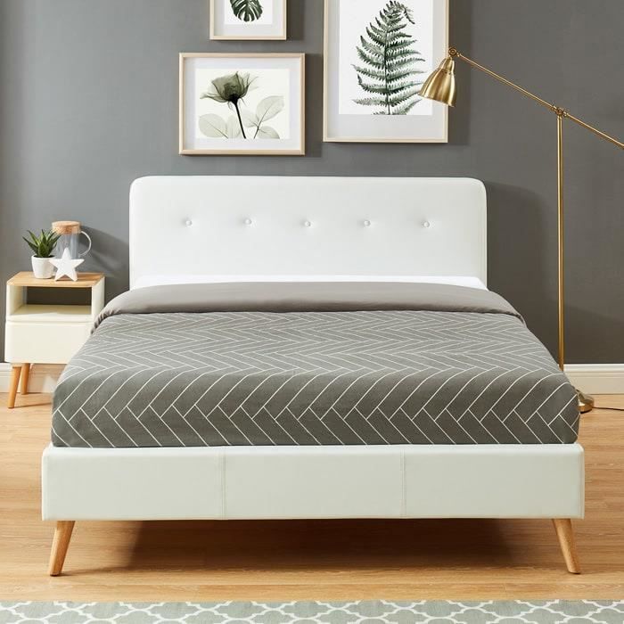 Lit Adulte Avec Tete De Lit Capitonnee En Simili Cuir Blanc