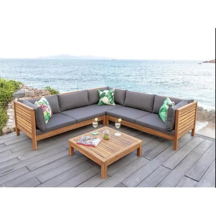 hao salon de jardin 5 places en bois d eucalyptus un canape modulable de 3 unites et une table basse cdiscount jardin