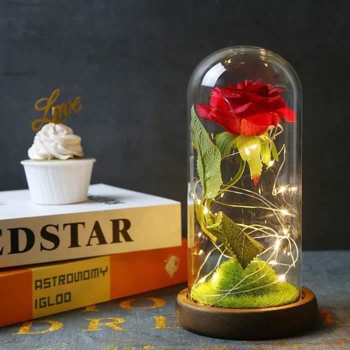 Rose éternelle Sous Verre Avec Lumières LED - Socle En Bois, Cadeau Romantique (Saint-Valentin, Noël, Anniversaire)
