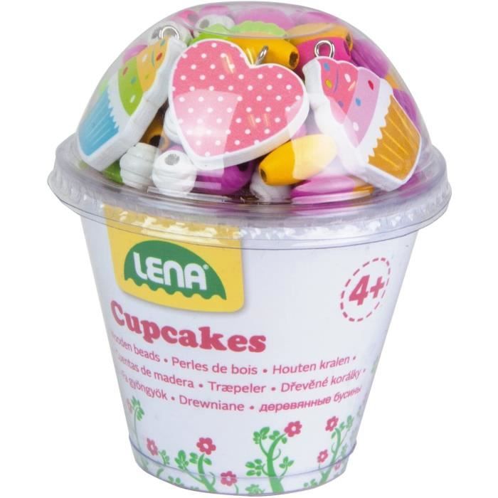 LENA Cupcakes Bastelset – 200 Holzfädelperlen, 3 Anhänger & 3 Schnüre | In Cupcake-Dose, Ab 4 Jahren | Rosa