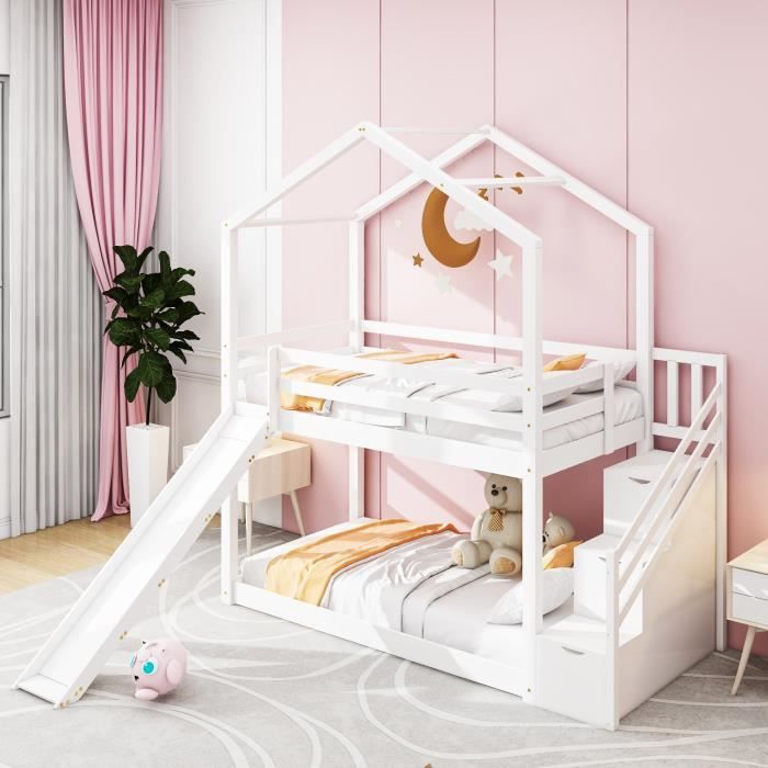 Lit cabane lit superposé avec échelle à angle droit et toboggan lit  d'enfant naturel+blanc (90x200 cm) YCFR000605 - Conforama