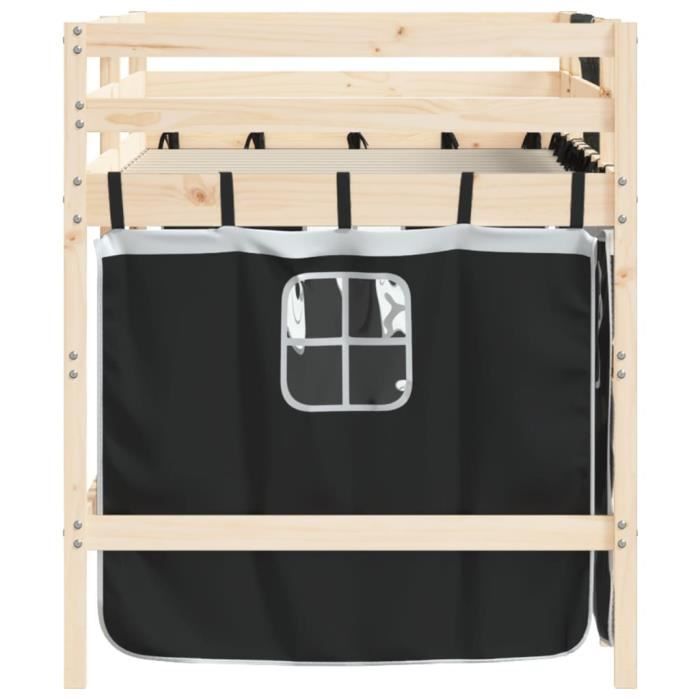 Lit mezzanine enfants - MOTHINESSTO - YY3087 - Pin massif - Rideaux blanc-noir - 80x200cm