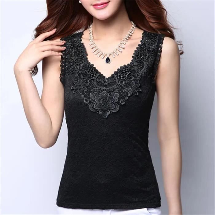 D'?�t?� de femmes Sexy Blouse Chemise ??l?�gante Sans Manches Noir Dentelle Au Crochet Shirt Tops et 