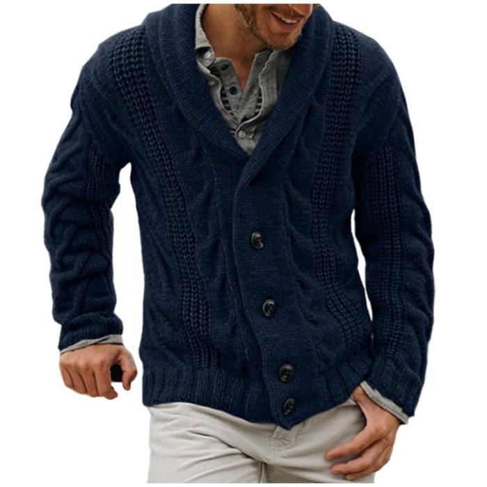 GILET CARDIGAN Cardigan Bouton Homme Manteau Pull Chaud Automne Hiver Casual Grosse Maille Col Chale Veste en Tricot Bleu fonce Bleu fonce Cdiscount Pret a Porter