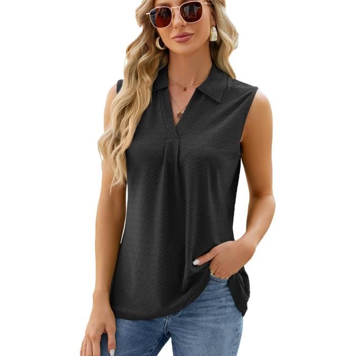 Débardeur Femme Été Top Sans Manches Col En V Couleur Unie Casual Haut  Lache Elegant Confortable Taille EU Noir