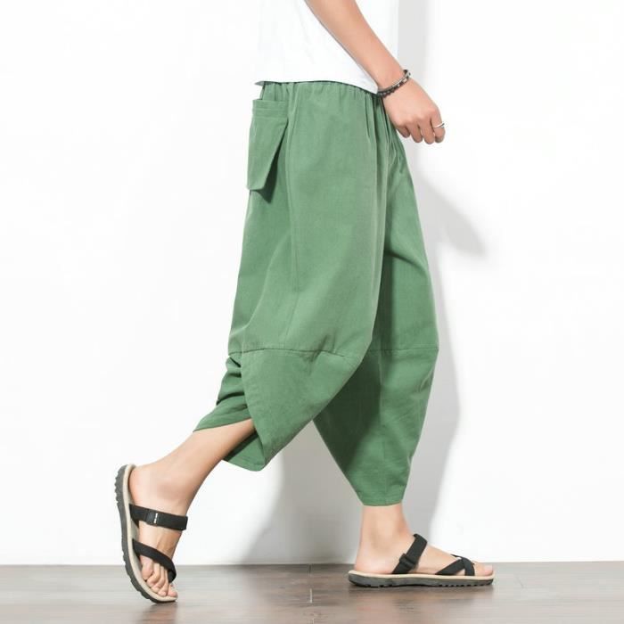 bloomers pour hommes coton lin sarouel ample couleur unie décontracté large jambe pantalon vert