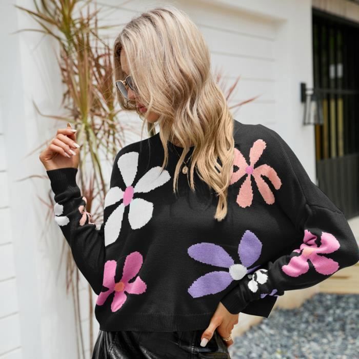 Pull Col Arrondi Femme Tricot Coupe D contract e Motif Fleurs