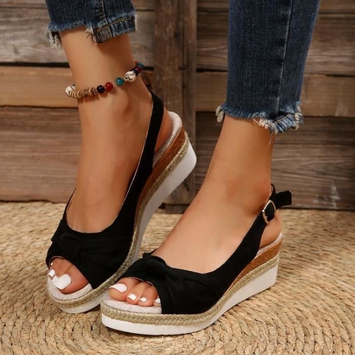 Sandales Femme en Toile Antid rapant Talon haut Couleur unie Noir
