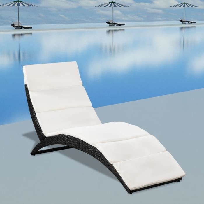 Chaise longue Sièges d'extérieur pliable avec coussin Noir Résine tressée