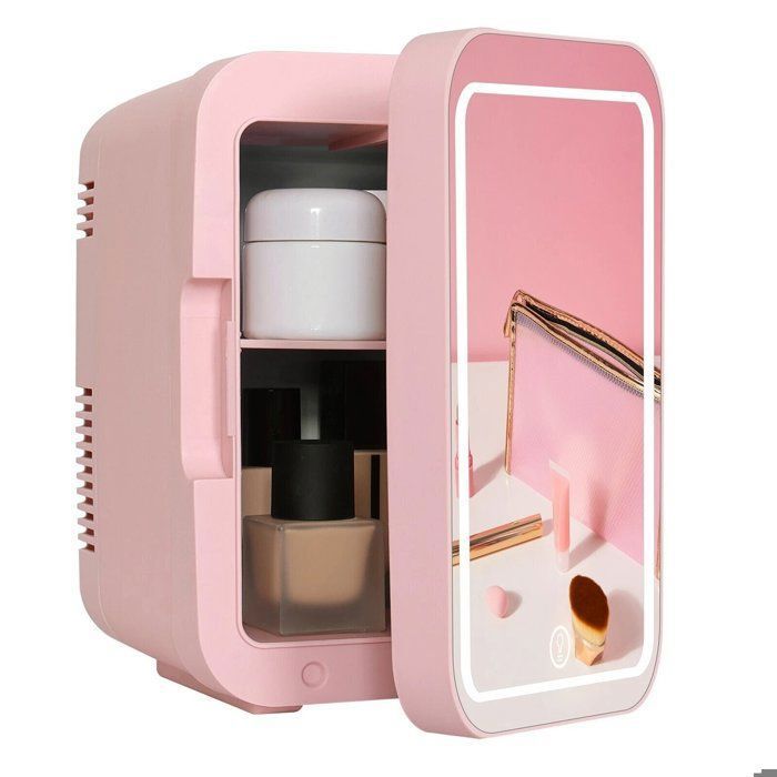Mini Frigo Mini Réfrigérateur Glacière 4L avec Dimmable LED Miroir de maquillage pour Voiture et Chambre Silencieux Rose