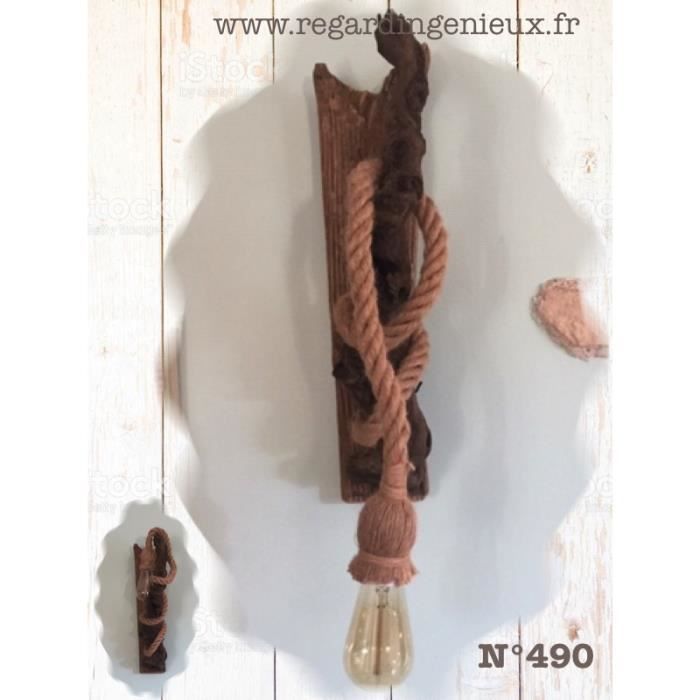 Applique Murale En Bois Flotte Corde Et Ampoule Retro Edison N