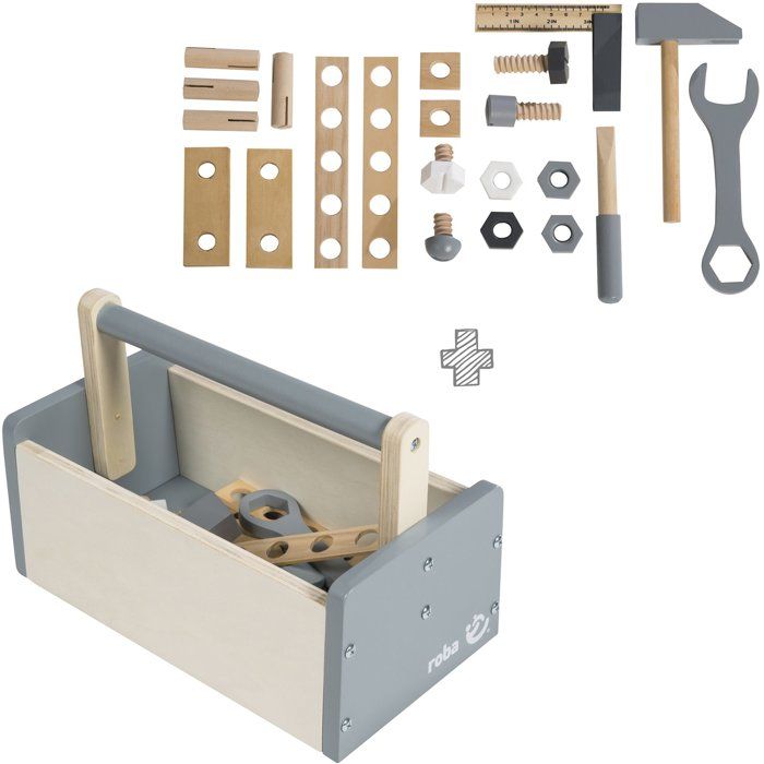 Boite à outils en bois pour enfant - ROBA - 22 pièces - Naturel gris et blanc