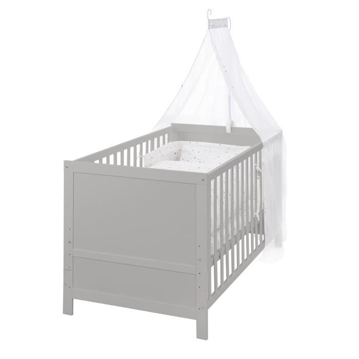 ROBA Lit Bébé Évolutif Complet 70 x 140 cm - Matelas et Textiles Inclus - Hauteur Réglable - Bois Taupe