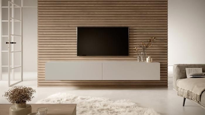 Meuble TV - SELSEY - BISIRA - Taupe (gris-beige) - 200 x 316 x 30 cm - Mélamine mat