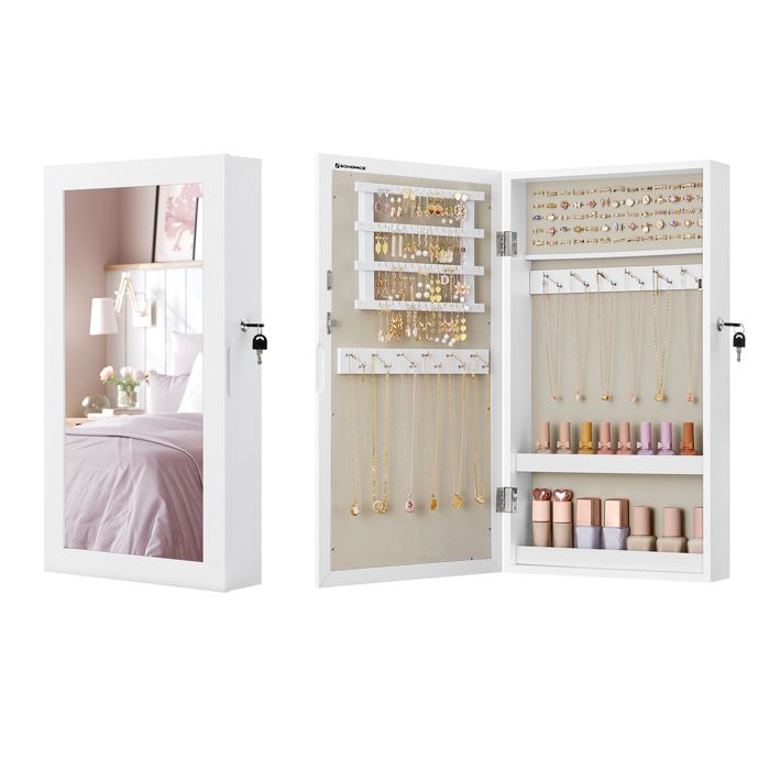 Armoire à Bijoux Murale - SONGMICS - Verrouillable - Surface en Blanc et Doublure en Grège Armoire à Bijoux Murale - SONGMICS - Verrouillable - Surface en Blanc et Doublure en Grège