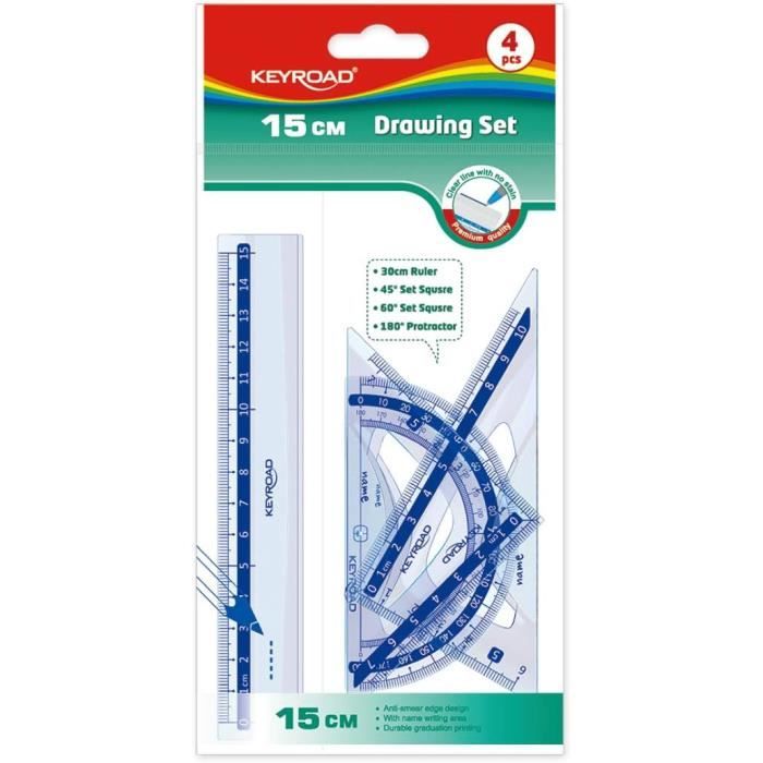 Pack Scolaire Géométrie 4 Pièces : Règle 30cm, Équerre, Rapporteur - Transparent