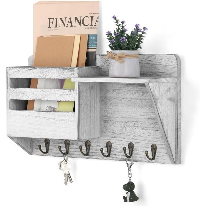 TINIFO Porte Clé Mural en Bois Avec étagère – Accroche Clef Mural Blanc Moderne Avec 6 Crochets pour Clés, idéal pour Couloir, Cuisine et Entrée