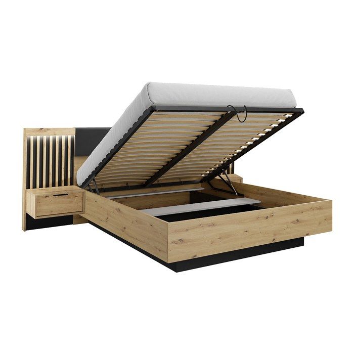 Lit coffre avec chevets 160 x 200 cm - Avec LEDs - Coloris : Naturel et noir - ARIADA Lit coffre avec chevets 160 x 200 cm - Avec LEDs - Coloris : Naturel et noir - ARIADA
