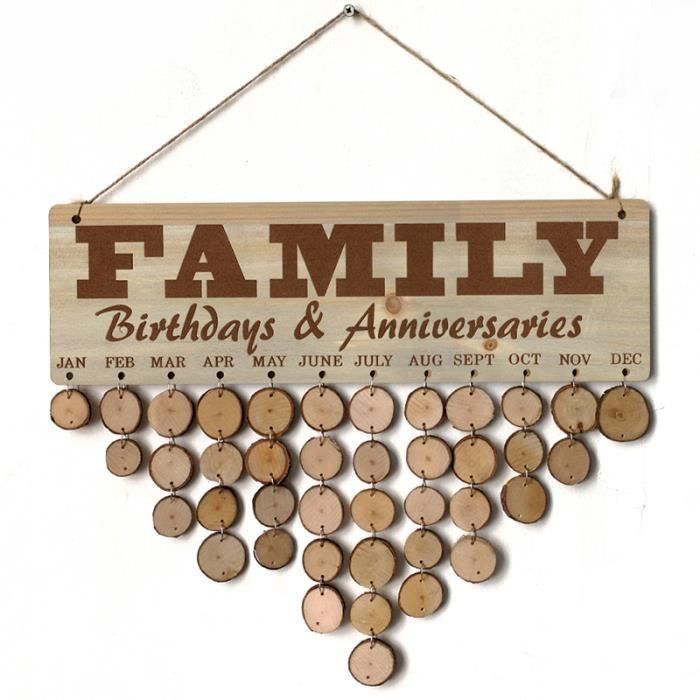 Calendrier D'anniversaire Familial En Bois Sculpté - 40x12 Cm, Avec 100 étiquettes Cœur/rond - Décoration Murale Personnalisable - 1