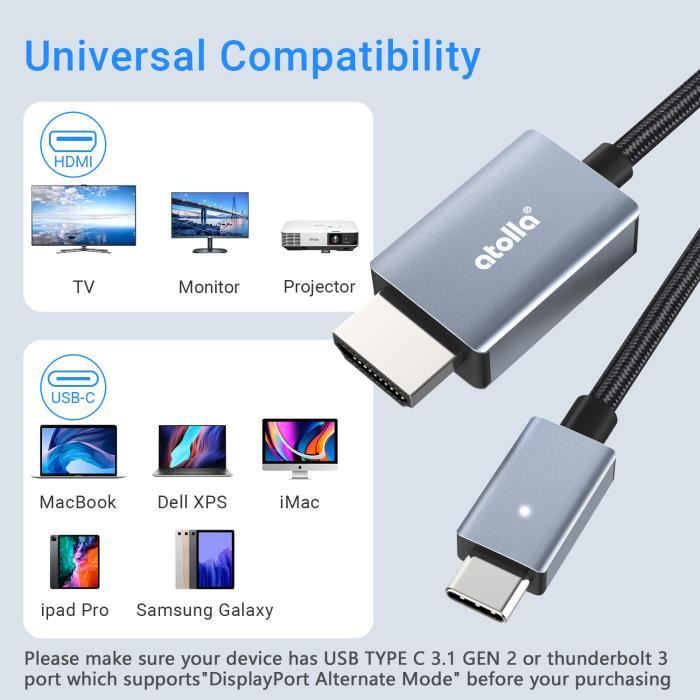 UGREEN Cable USB C 3.1 a HDMI 4K, Cable Thunderbolt 3, Adaptador Tipo C a  HDMI, Compatible con iMac, MacBook, Galaxy S21 Note 9/8 S8, Huawei P40/P30