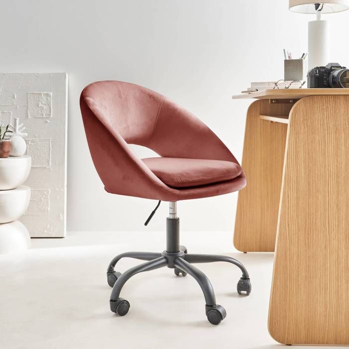 Fauteuil De Bureau Velours Rose Clair - ML DESIGN - Réglable En Hauteur Sur Roulettes