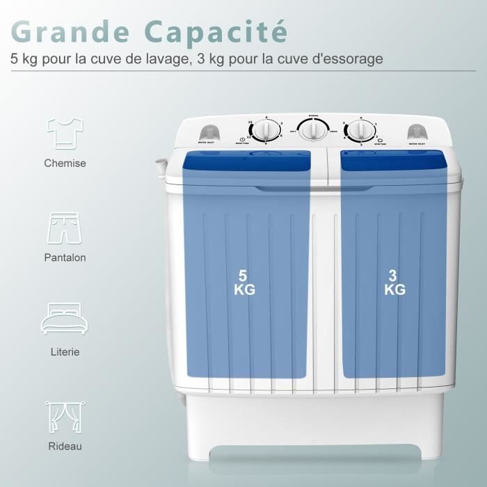 Mini machine à laver 240 W automatique Lave-linge et séchage 210W Economie  d'énergie, Capacité 3.5 Kg, 43x43x75cm, Blanc - Costway