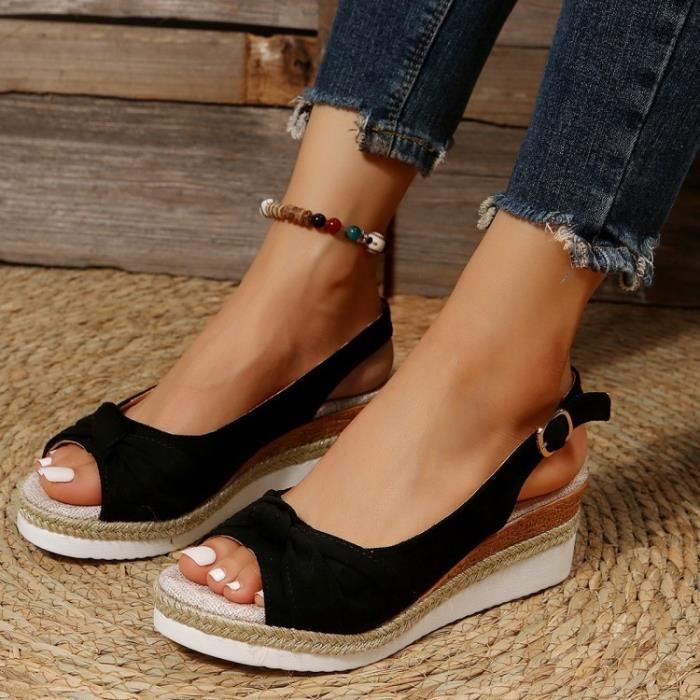 Sandales Femme en Toile Antiderapant Talon haut Couleur unie Noir Cdiscount Chaussures