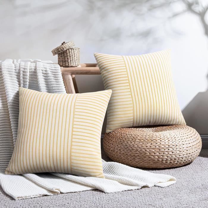 Lot 2 Housses Coussin Bohème Franges Beige Vert Motif Palmier 40x40cm