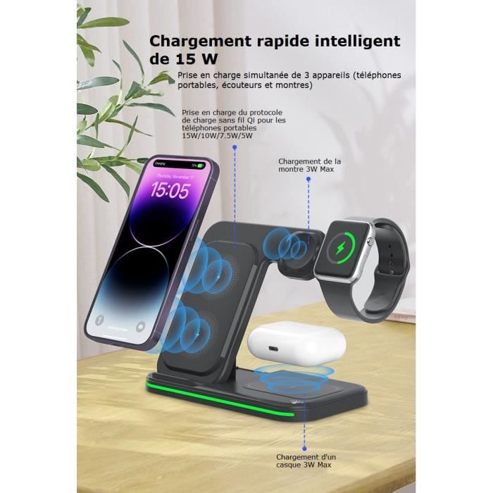 Chargeur Induction 3 en 1, Chargeur pour iphone et Apple Watch, Pliable Rapide  Station De Recharge Charge - Cdiscount Téléphonie