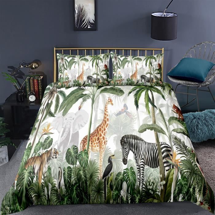 Parure De Lit Bébé 5 Pièces Jungle Animaux - Housse De Couette, Drap-housse, Cache-sommier - Taille Berceau Standard - Lavable Machine