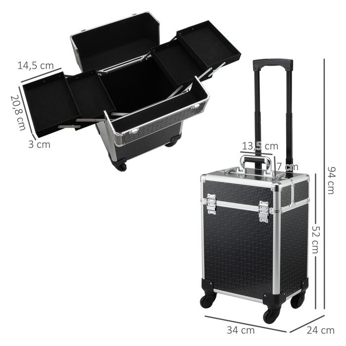 Valise Maquillage Professionnelle Roulante Avec Table - 4 Tiroirs Verrouillables, Miroir, Pour Coiffeurs MUA