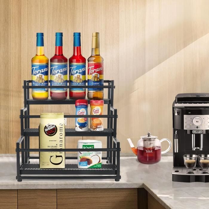 Support Bouteille 4 Étages Acier Inox - Rangement Sirop, Vin, Café