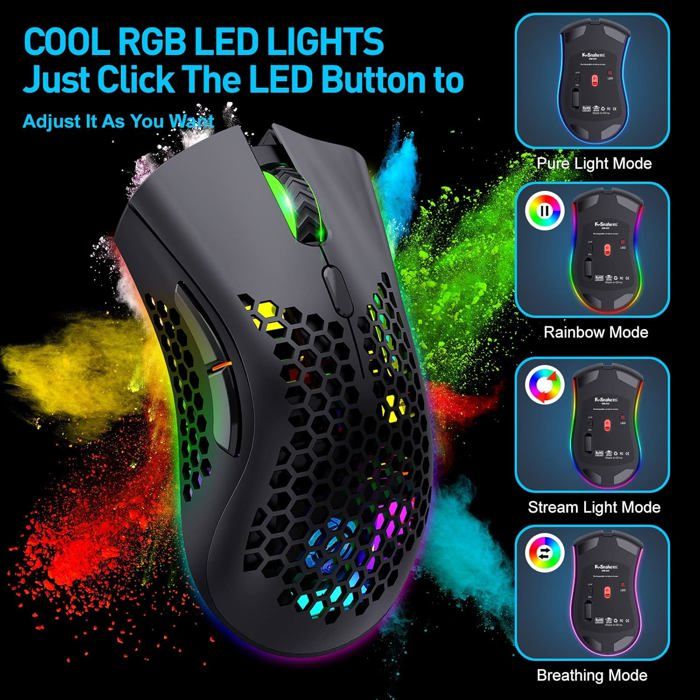 Souris Gaming Sans Fil à Structure Nid D'abeille - 7 Boutons Programmables, 3 DPI, Rétroéclairage RGB (blanc)