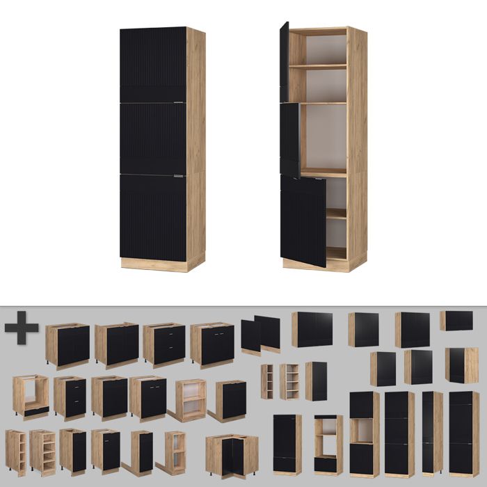 Meuble Pour Four Fame-Line, 60cm, Noir Rayé, Chêne De Force Doré