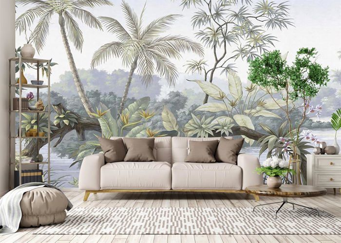 Papier Peint Panoramique Jungle 3D Peinte Plante Tropicale Palmier ...