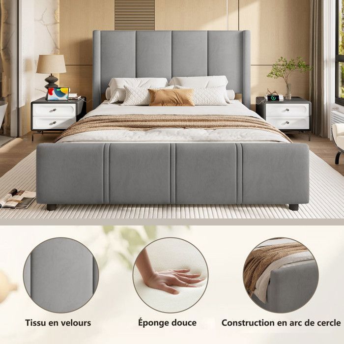 Lit Coffre Lit Rembourré 140x200 Cm Avec Sommier à Lattes Et Rangement Coton Gris Clair Sans Matelas 97305452