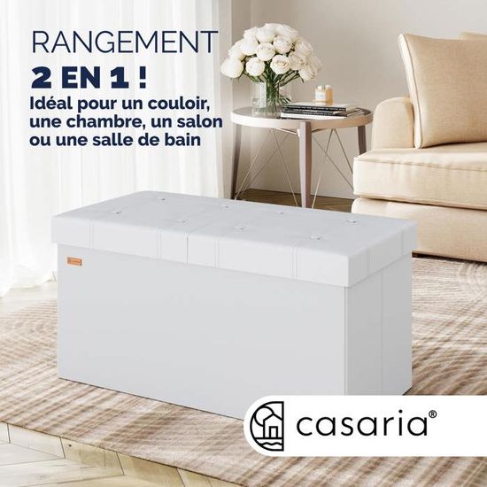 Banc De Rangement Pliable Beige 115x40x40 Cm 130L - Coffre Siège Couvercle Rabattable Casaria