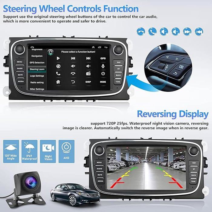 2 64G] SIXWIN Android 13 Autoradio pour Ford Transit C-Max/Galaxy/Connect/ Fiesta/S-Max avec Carplay/Android Auto/Mirrorlink,7 Pouces unité de tête stéréo Voiture avec EQ WiFi GPS Bluetooth FM RDS USB