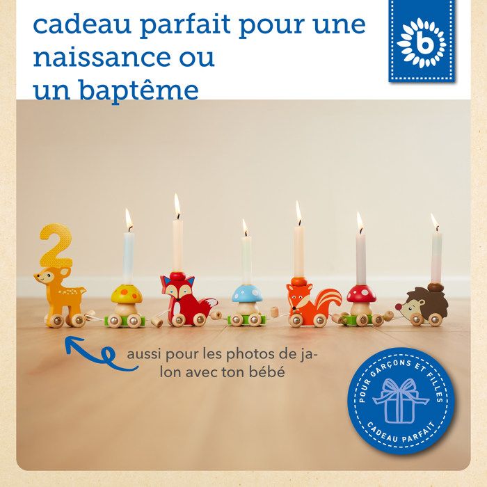 Bieco Train d'anniversaire en bois – Candy Look 0 à 99 ans avec 6 bougies – Décoration de table pour anniversaire d'enfant – Bougies d'anniversaire Train d'anniversaire pour fille – Couronne