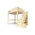 Lit Mezzanine Alpage bois + escalier cube hauteur réglable - Couleur - Brut, Dimensions - 120x200-0