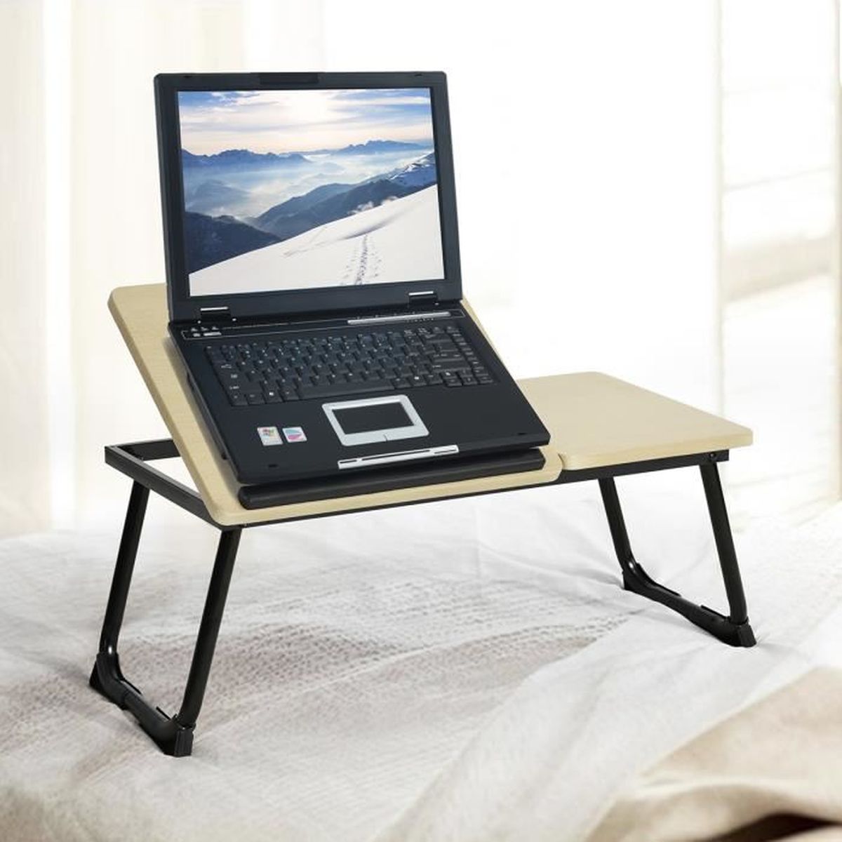 Tablette de lit pliable Plateau de Lit Pliable pour Ordinateur Coloris hêtre et noir L 65 x P 30