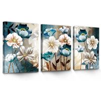 Décoration Murale De Salon, Fleurs De Lotus Blanches Et Bleu Indigo, Lot De 3 Tableaux Floraux Modernes 40*50cm Avoir cadre