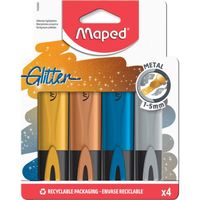 Maped - 4 Surligneurs Fluo'Peps GLITTER METAL - Surligneurs à paillettes - Couleur Métallisée Or, Cuivre, Argent, Bleu