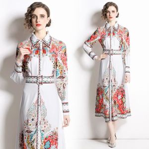 ROBE Robe,Robe mi-longue à revers et imprimé géométrique pour femmes,printemps-automne,Vintage,simple boutonnage,mode de - YSQ227[E907]