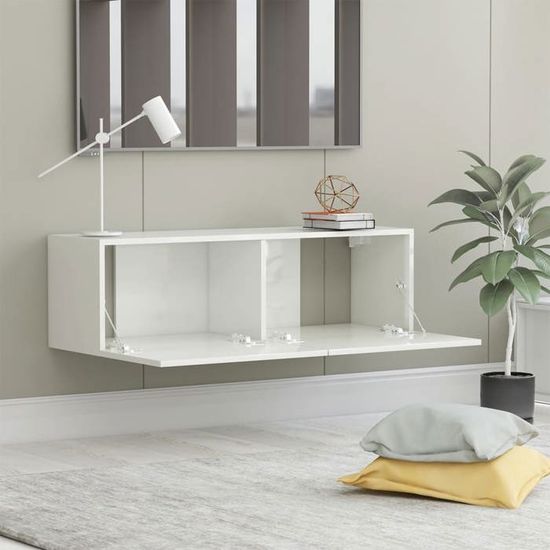 Meuble TV Mural Blanc 100x30x30 Cm - Bois D'Ingénierie - 2 Étagères + 2 Compartiments - Générique
