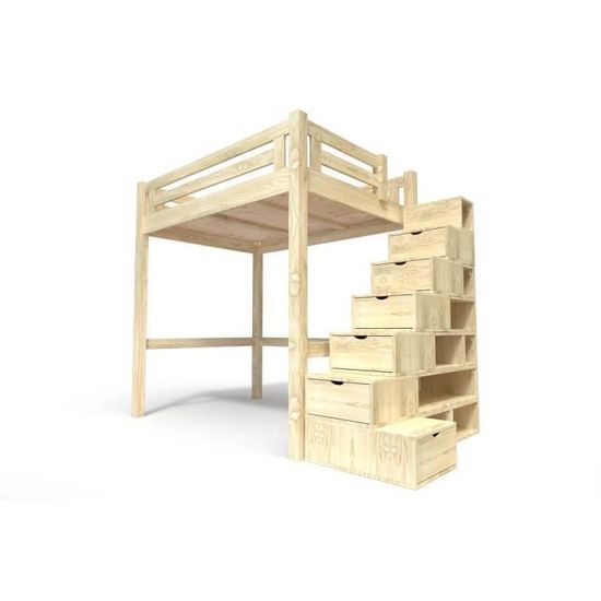 Lit Mezzanine Alpage bois + escalier cube hauteur réglable - Couleur - Brut, Dimensions - 120x200