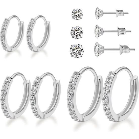 Lot 3 Paires De Boucles D’Oreilles Argent 925 Femme Homme – Clous Ronds Oxyde De Zirconium Hypoallergéniques – Idéal Cadeau